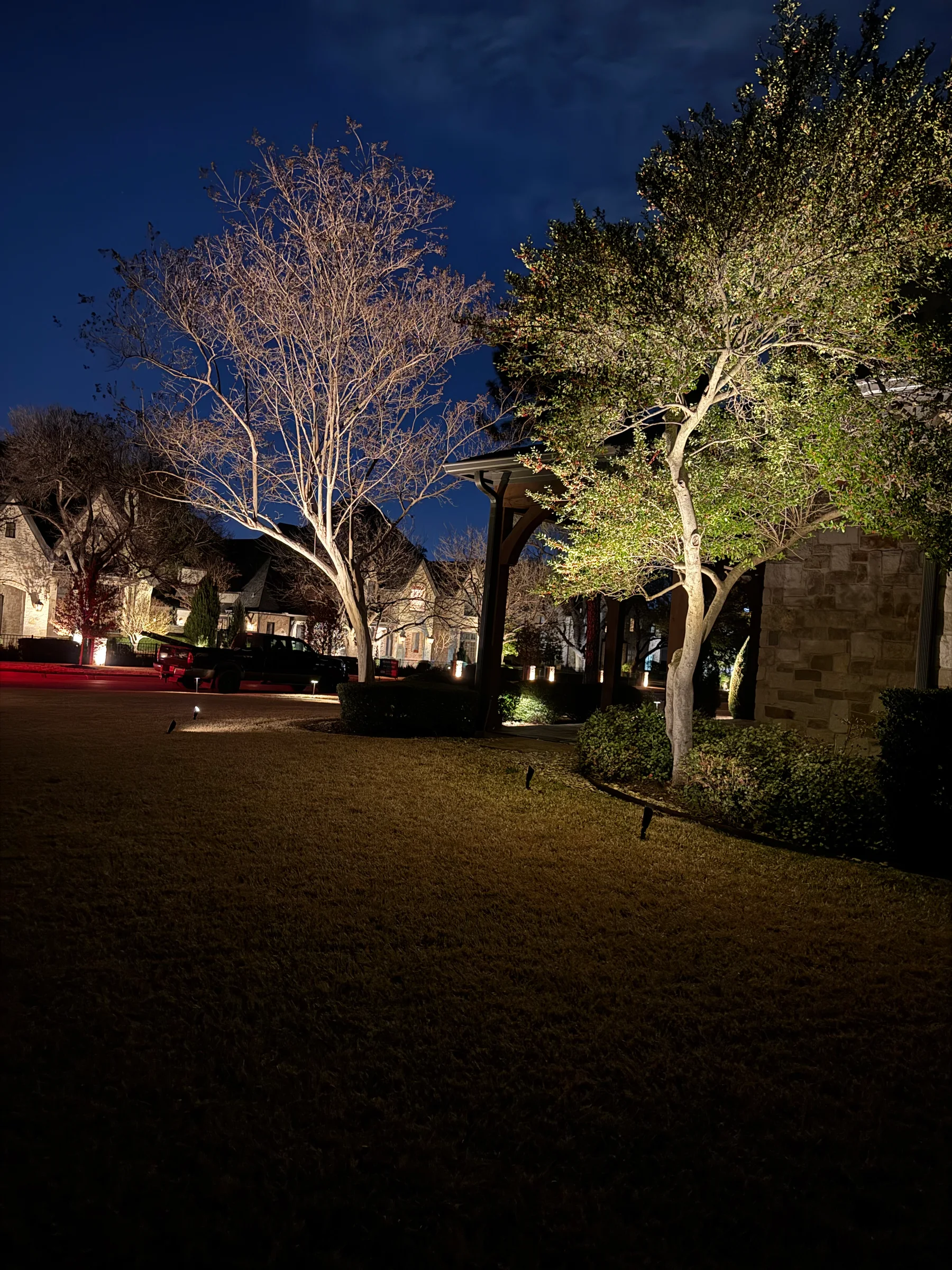 Front-yard trees, lawn, and stone home illuminated with warm landscape lighting