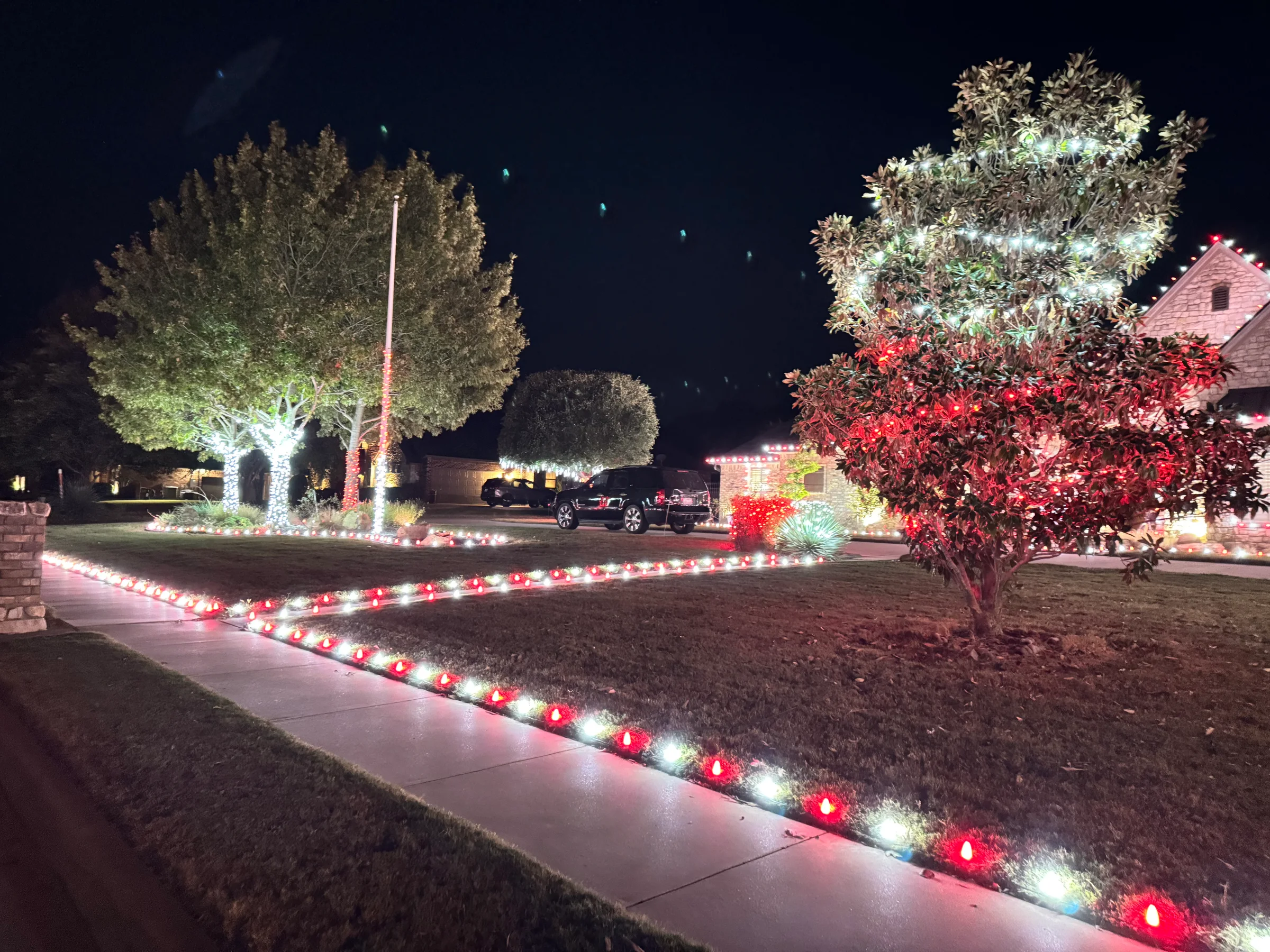 Long driveway lined with red and warm white Christmas lights